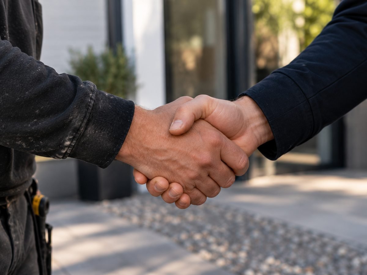 Vakman en klant schudden elkaar de hand na een klus